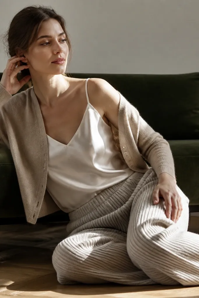 Ribbed knit trousers with a satin camisole and a soft cardigan