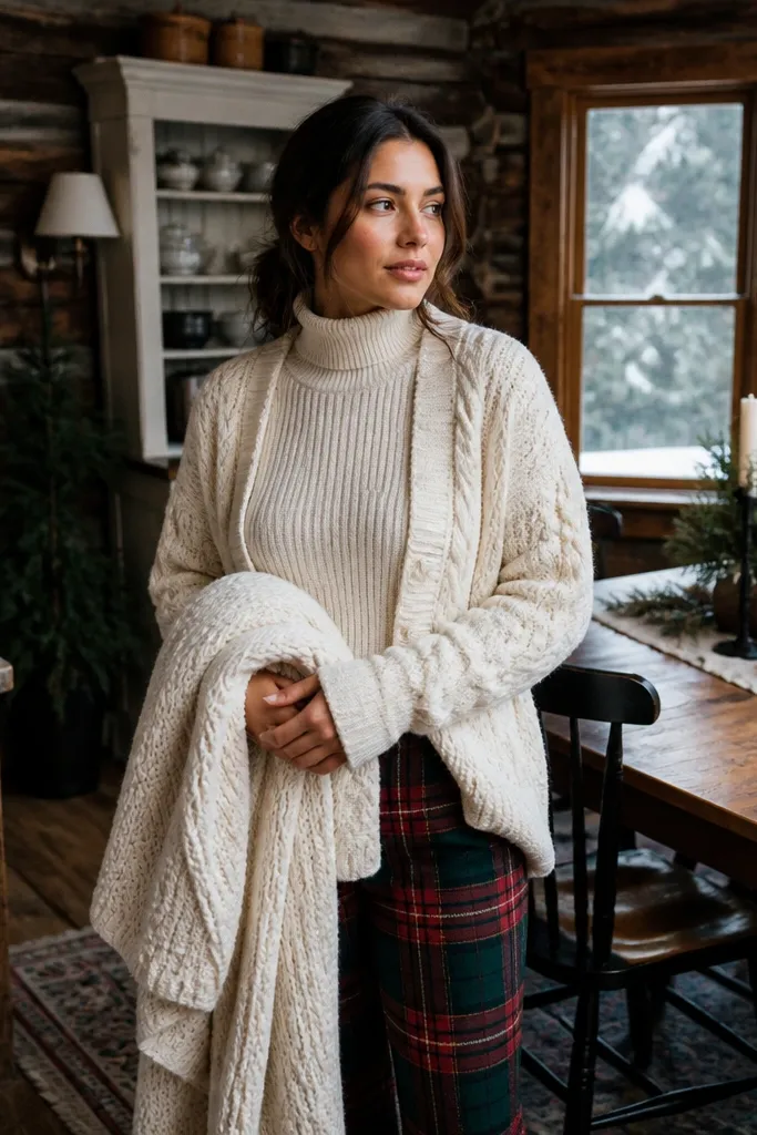 Plaid flannel trousers with a cream turtleneck and winter boots