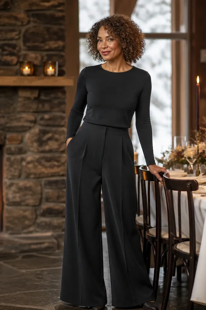 Black crepe wide-leg pants with a fitted long-sleeve top and heeled boots