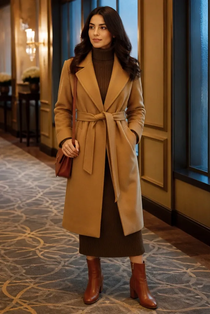 Cocoa knit midi dress with camel wrap coat and cognac ankle boots