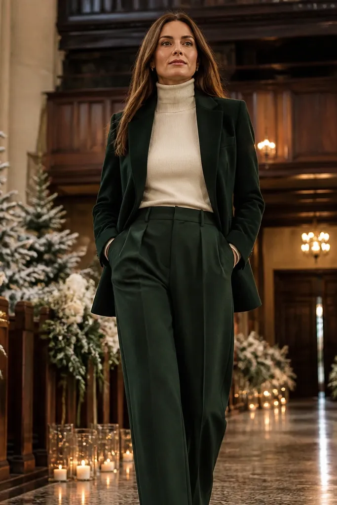 Cream turtleneck with forest green pleated trousers and a bottle-green wool blazer