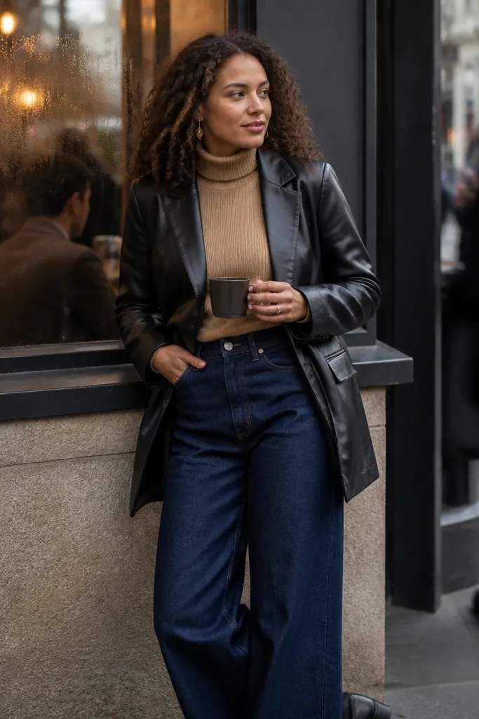 Camel turtleneck sweater with dark wide-leg denim and a black leather jacket
