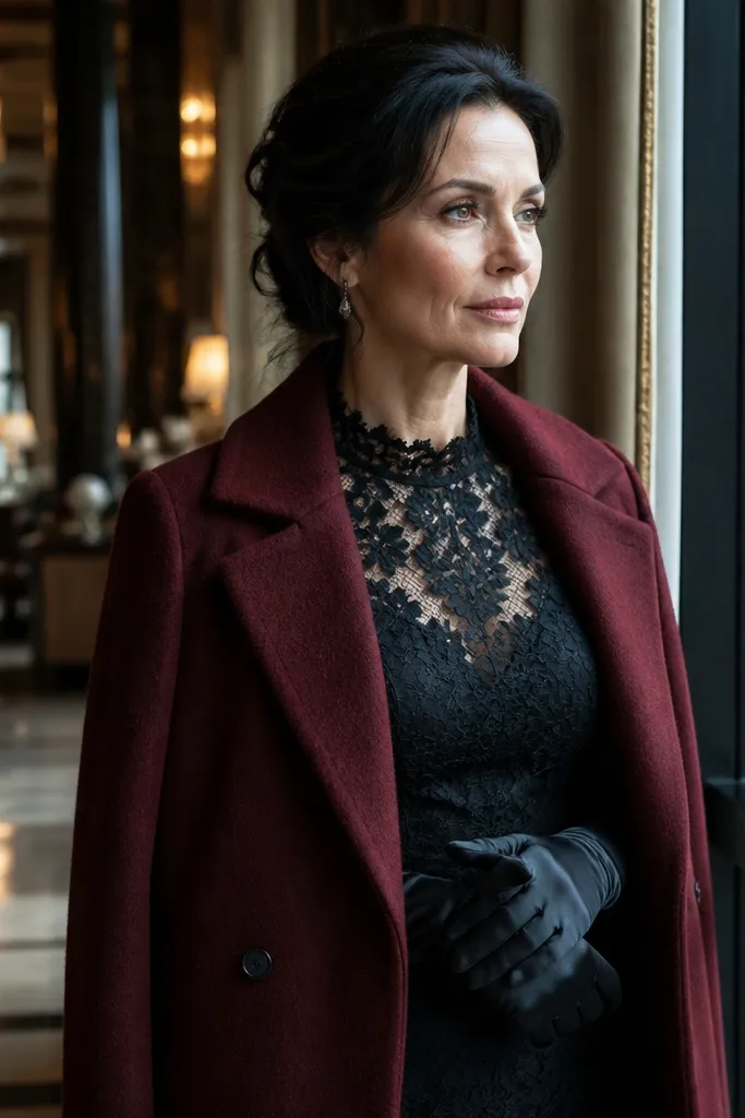 Black lace long-sleeve dress with long black gloves and a burgundy winter coat