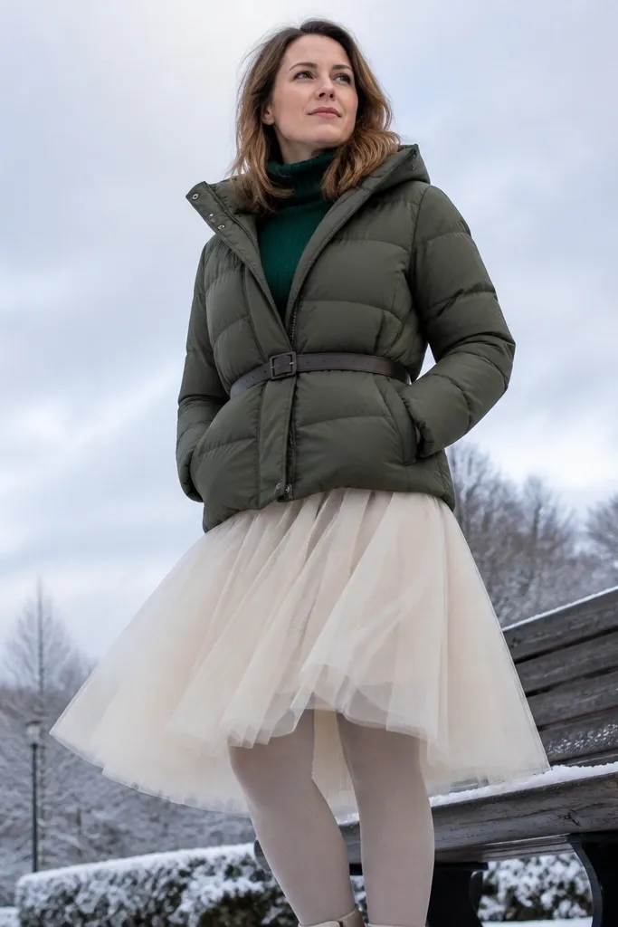 Ivory tulle skirt with a dark green knit top and an olive belted puffer