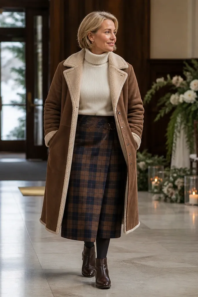 Plaid wrap midi skirt with a cream turtleneck and a brown shearling-lined coat