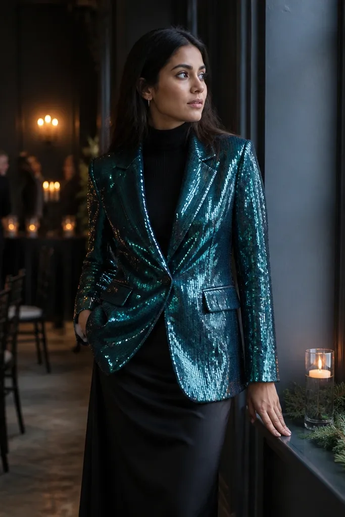 Teal sequin blazer over a black turtleneck with a black satin midi skirt