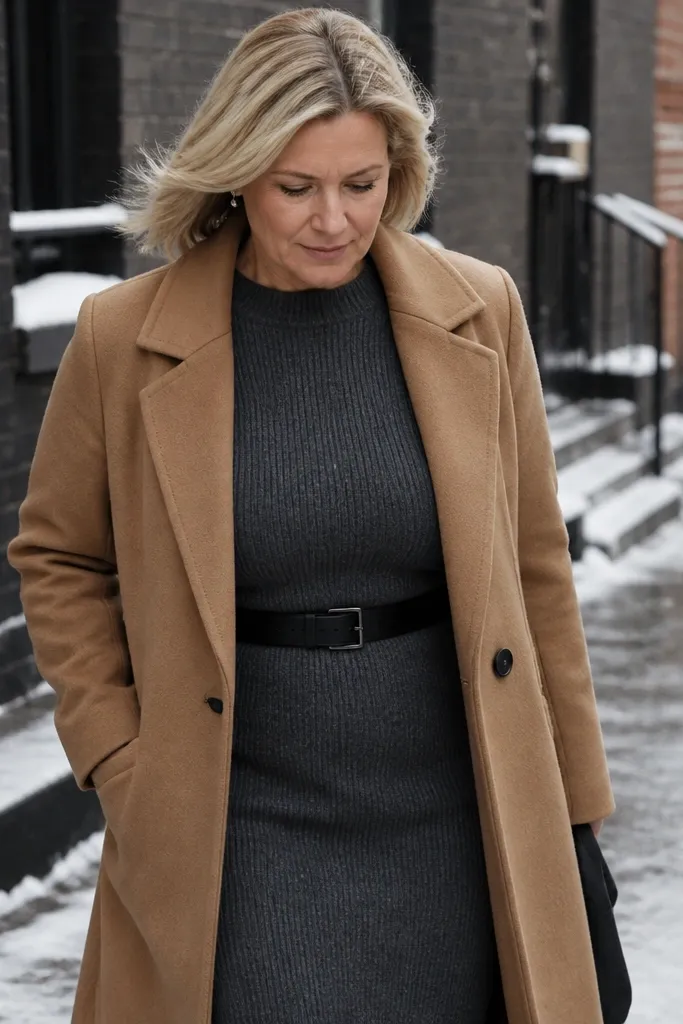 Charcoal knit dress with a black belt and a long camel coat