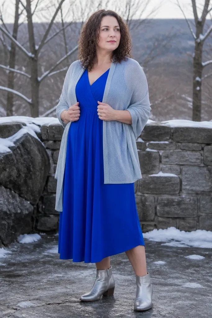 Royal blue midi dress with a silver-gray wrap cardigan and metallic low boots