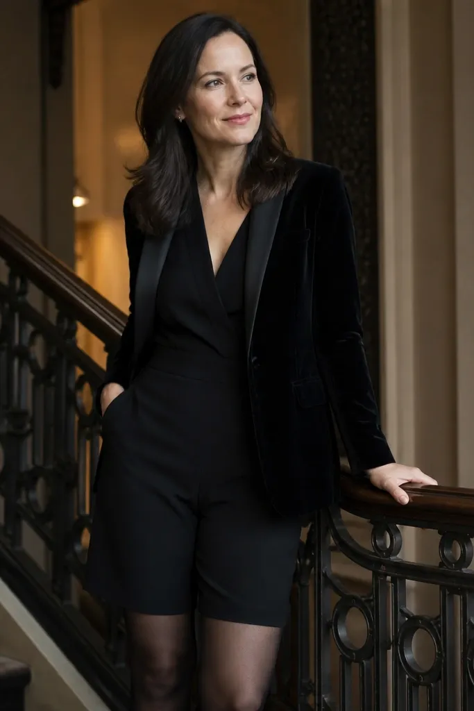 Black jumpsuit with a burgundy velvet blazer and tights