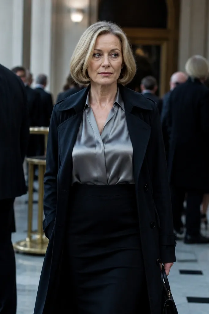Soft gray satin blouse with a black pencil skirt and a long black trench coat