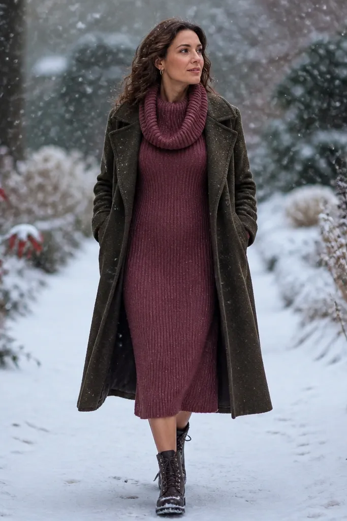 Rosewood knit dress with a dark olive overcoat and lace-up boots