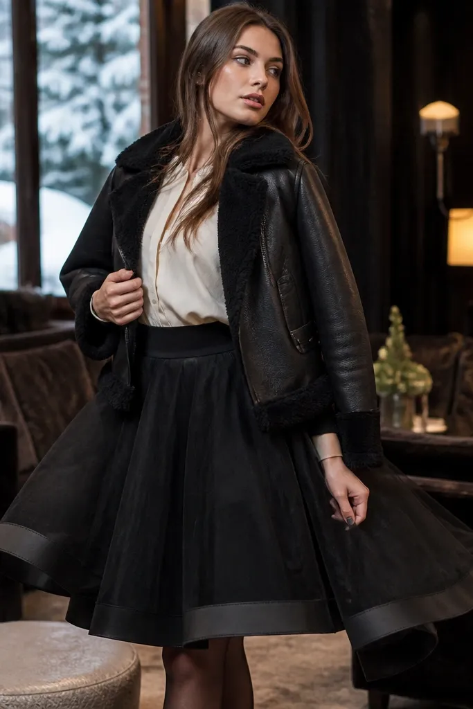 Black tulle skirt with a cream blouse and a black cropped shearling jacket