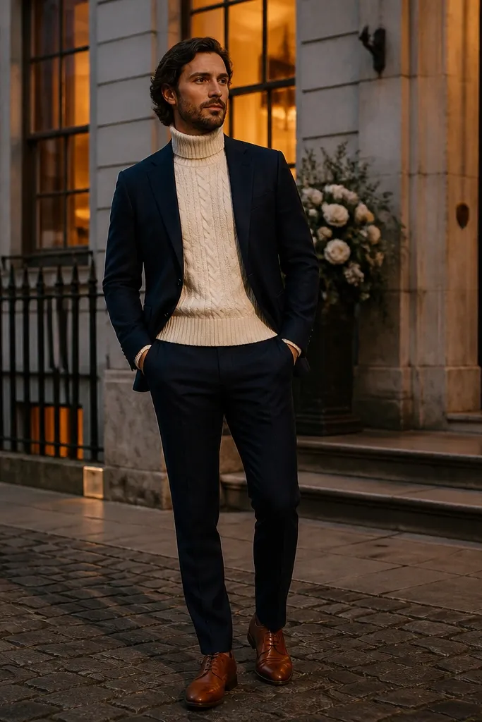 Navy suit with cream turtleneck and cognac dress shoes