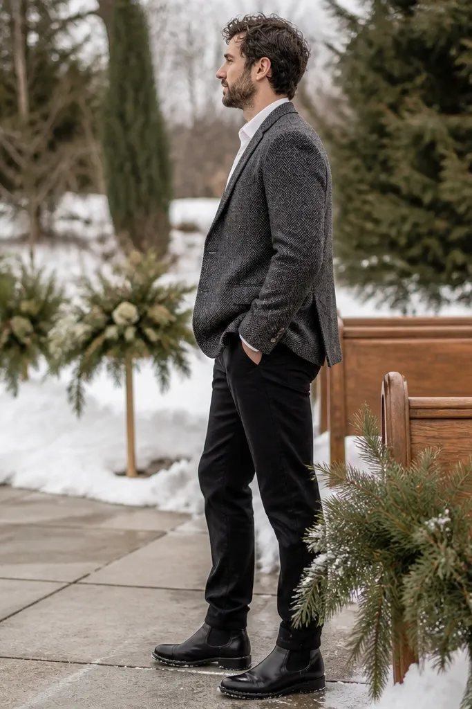 Charcoal blazer with black trousers, white shirt, and black boots
