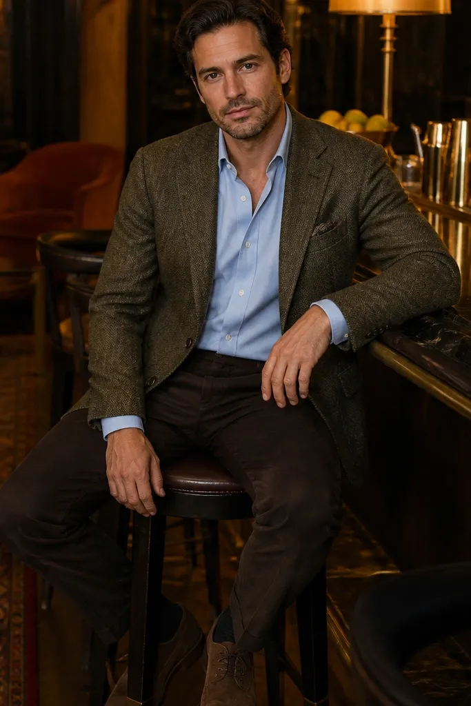 Olive tweed coat with blue shirt, brown trousers, and suede derby shoes