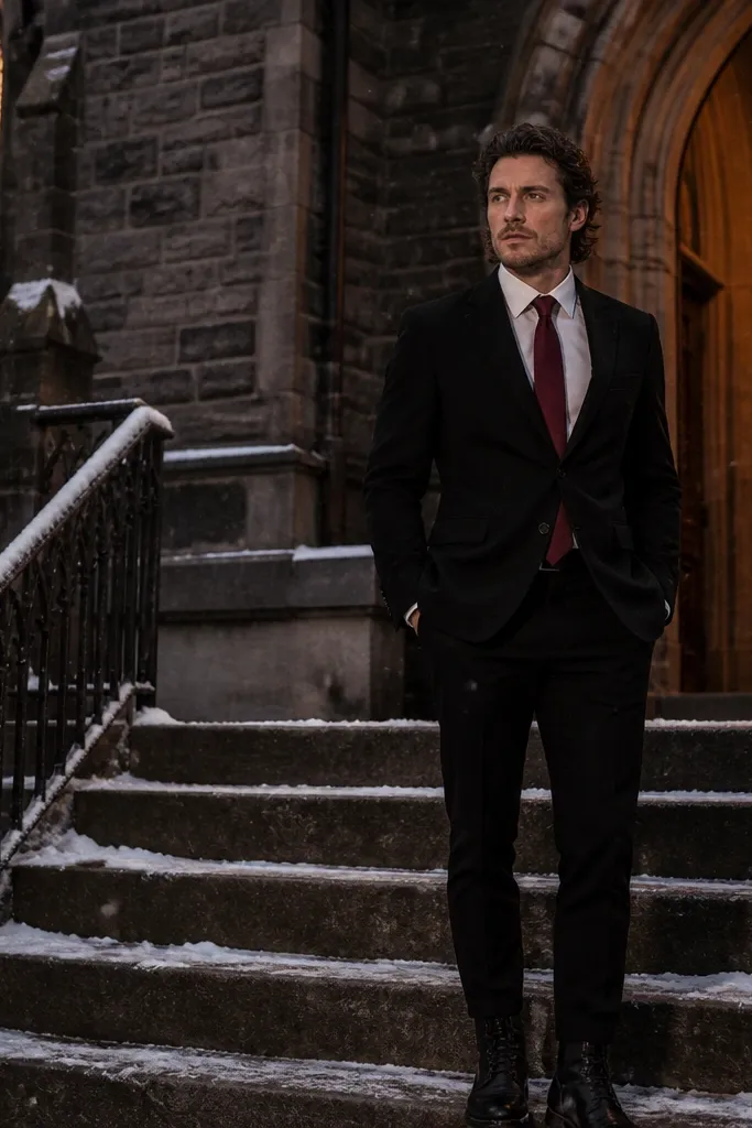 Black suit with white shirt, burgundy tie, and black lace-up boots