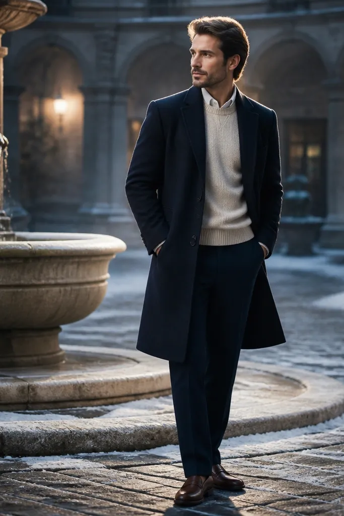 Midnight overcoat over cream sweater vest with navy trousers and brown loafers