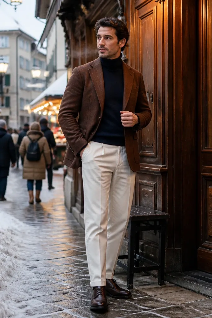 Rust blazer with navy turtleneck, off-white trousers, dark brown derby shoes