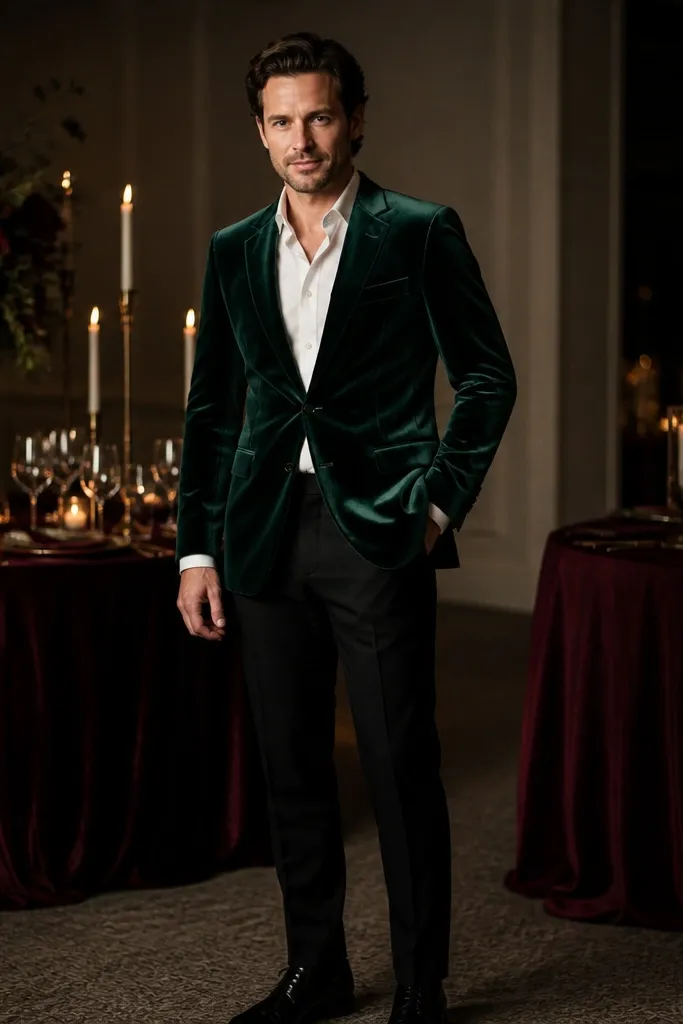 Forest green velvet blazer with white shirt, black trousers, black oxfords