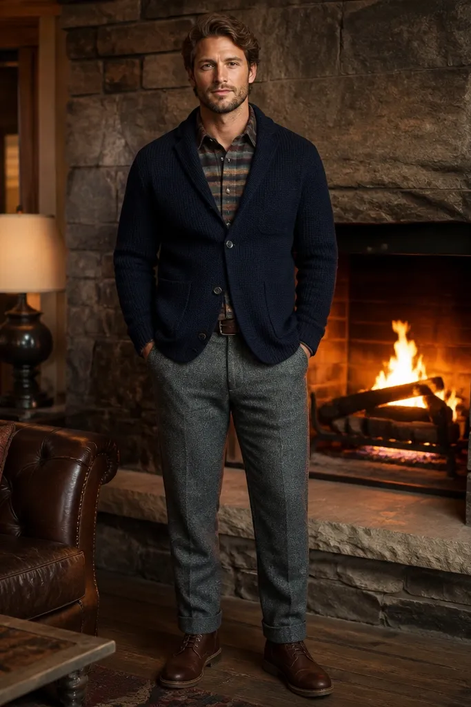 Navy knit blazer with striped flannel shirt, gray trousers, brown leather boots