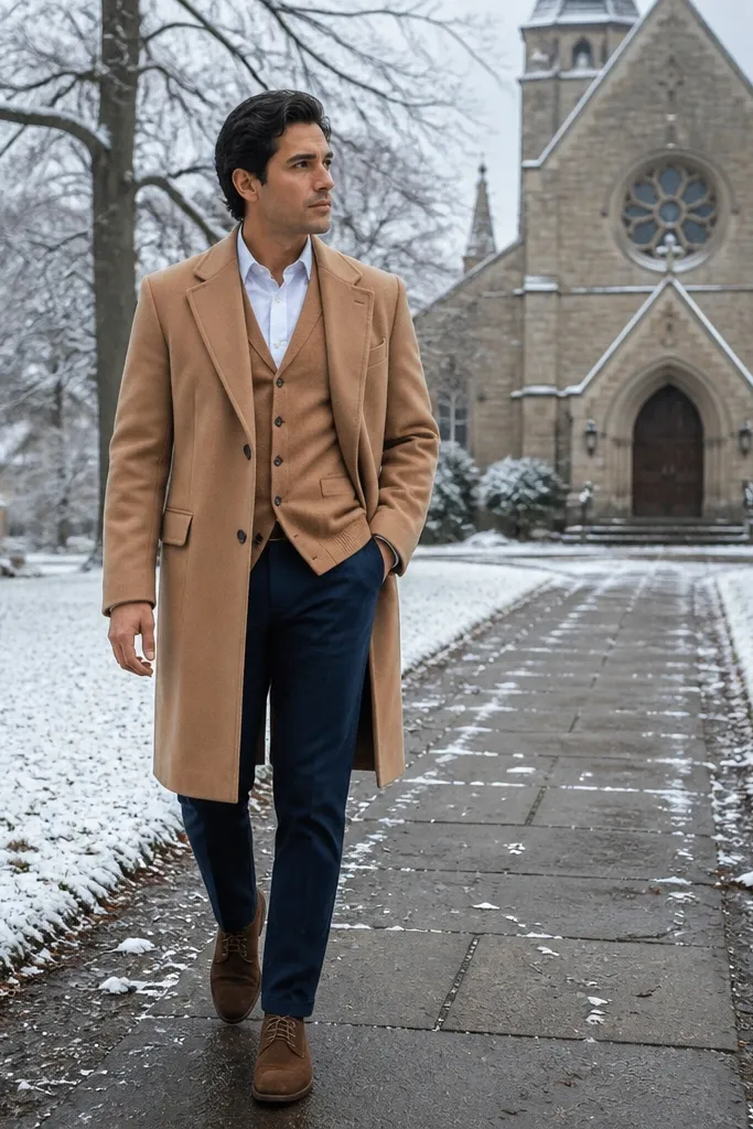 Tan overcoat over camel vest with white shirt, navy trousers, suede chukkas