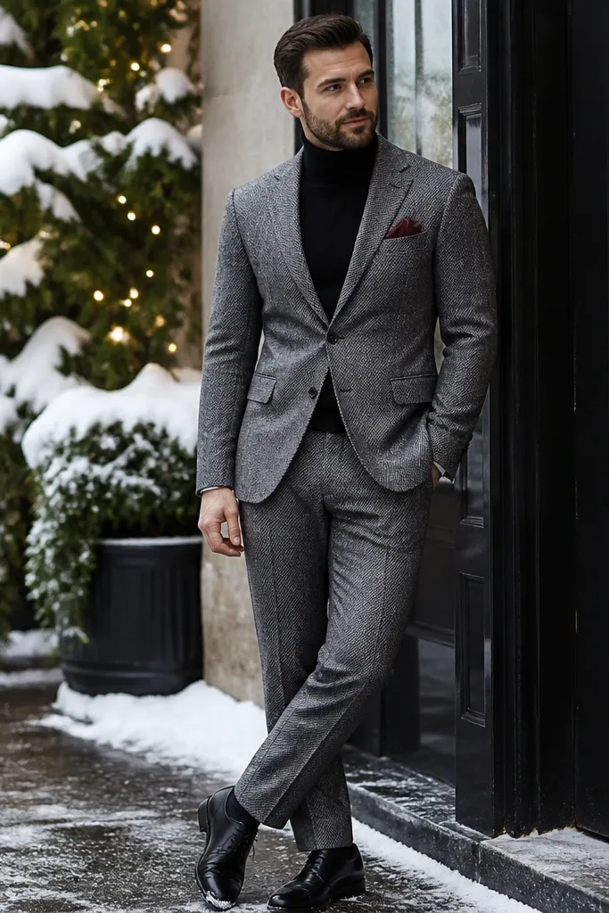 Gray tweed suit with burgundy pocket square, black turtleneck, black dress shoes