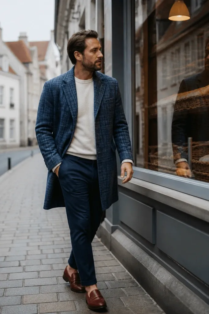 Blue check overcoat over cream sweater with navy chinos and brown loafers