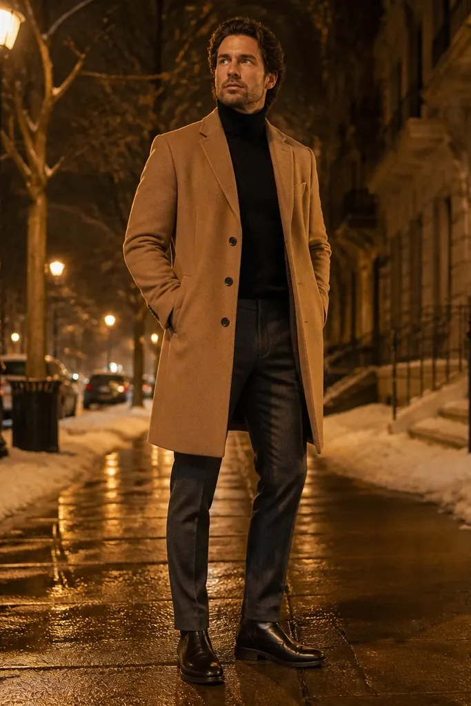 Black turtleneck under camel topcoat with charcoal trousers and black boots