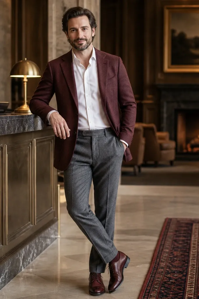 Burgundy blazer with white shirt, gray flannel trousers, oxblood lace-up shoes