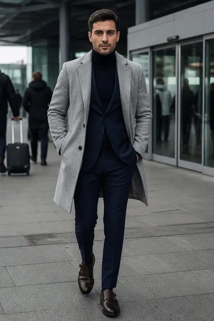 Navy suit with light gray overcoat, navy turtleneck, and dark brown monk straps