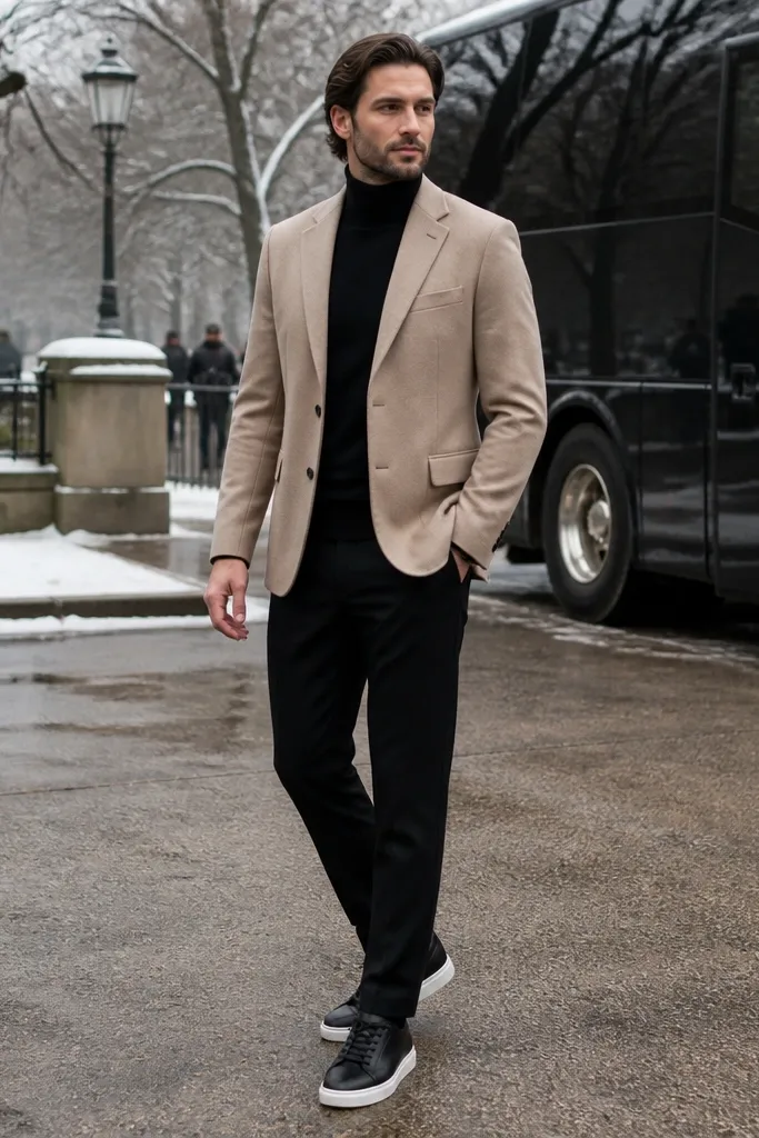 Beige wool blazer with black turtleneck, black trousers, leather sneakers with white sole