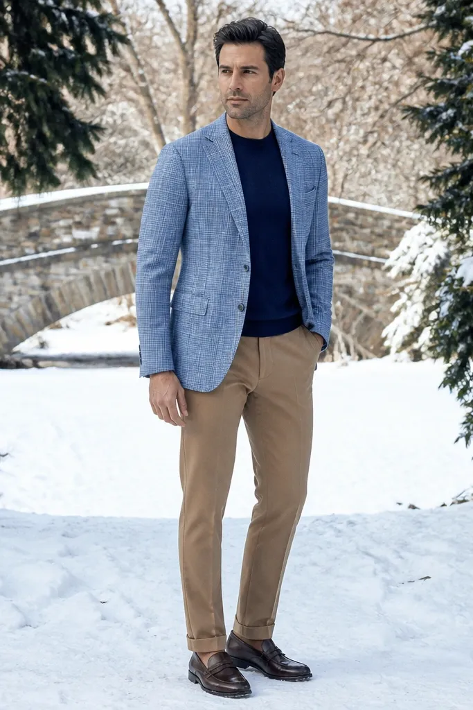 Light blue check blazer over navy sweater with tan trousers and brown loafers