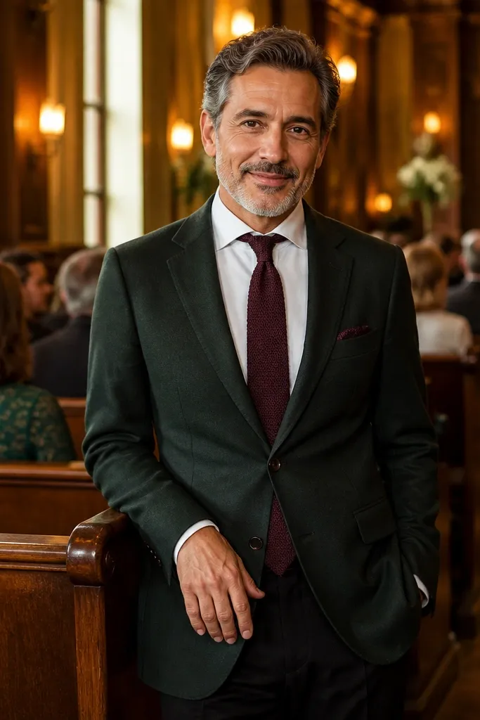 Dark green blazer with open-collar white shirt, burgundy knit tie, black oxfords
