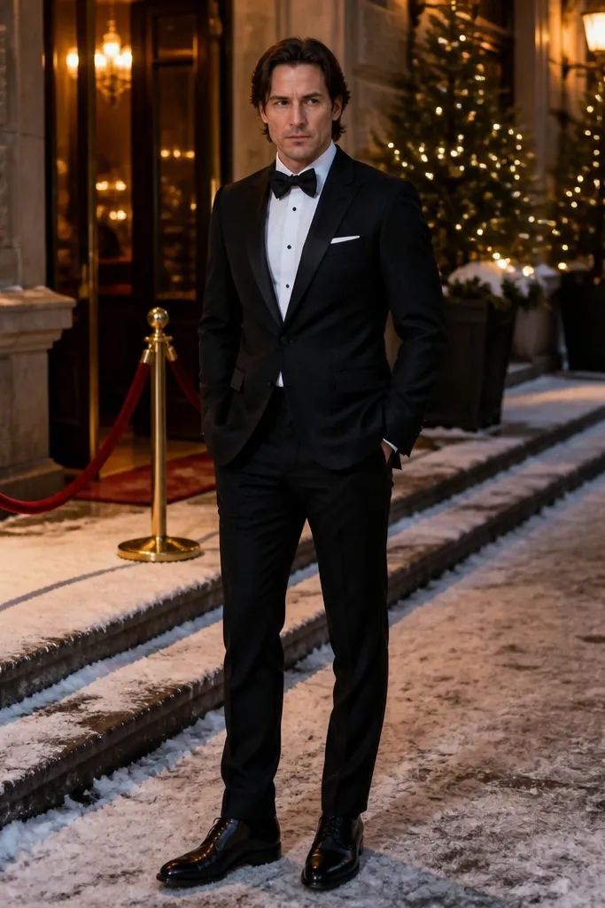 Black tuxedo-style suit with satin lapels, white shirt, and black dress boots