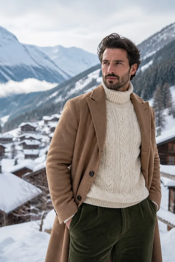 Camel overcoat over ivory turtleneck with forest corduroy trousers and dark boots
