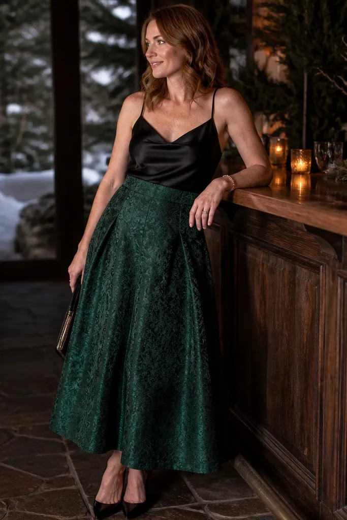 Forest green jacquard skirt with black satin cami and black pointed-toe heels