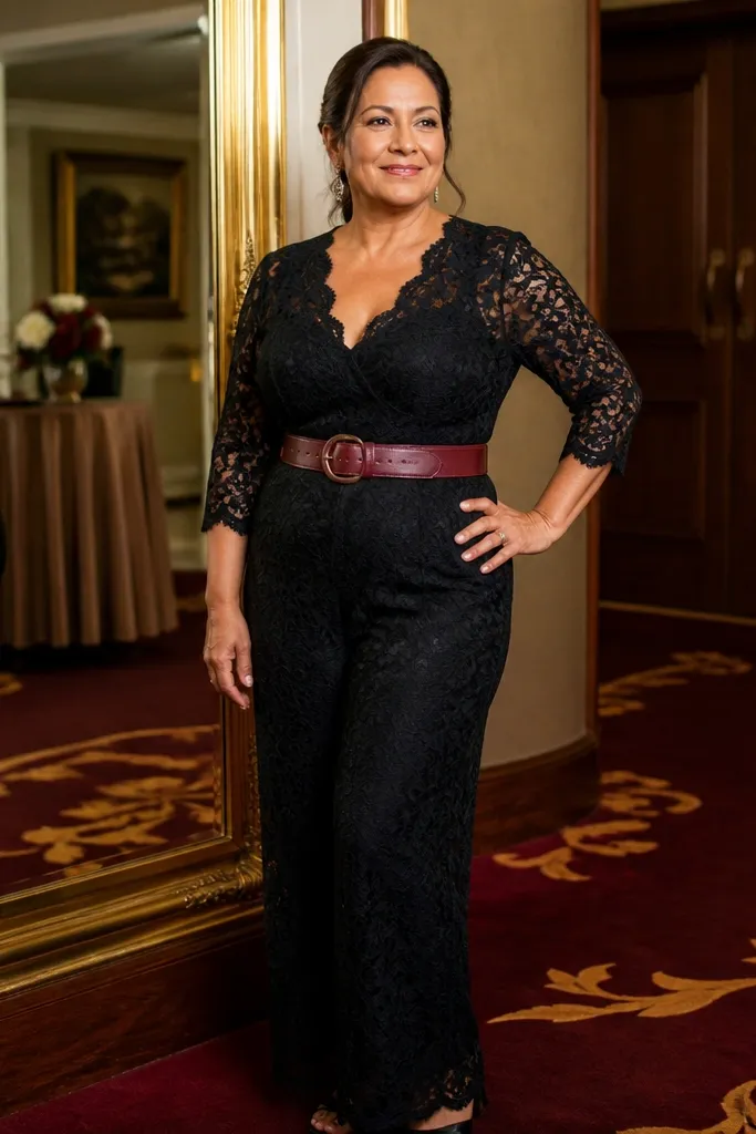 Black lace jumpsuit with a burgundy belt and black heeled sandals