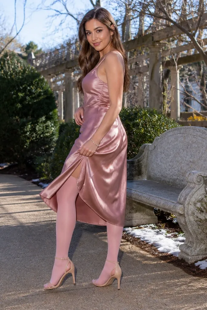 Rose pink satin midi dress with blush tights and nude strappy heels
