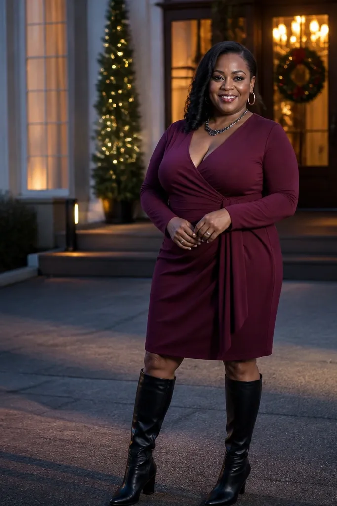 Burgundy wrap midi dress with black knee-high boots and black tights