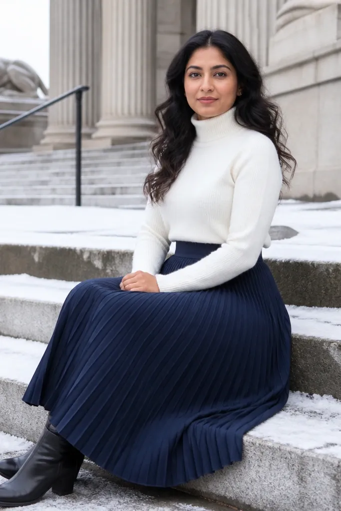 Navy pleated midi skirt with a white turtleneck and black ankle boots