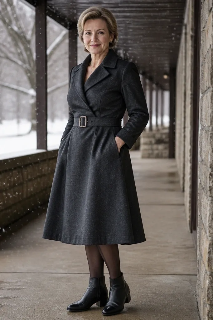 Charcoal wool suit dress with a belt and black ankle boots