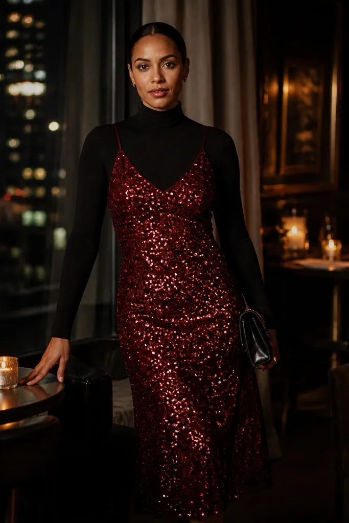 Red sequin midi skirt with a black turtleneck and black heels