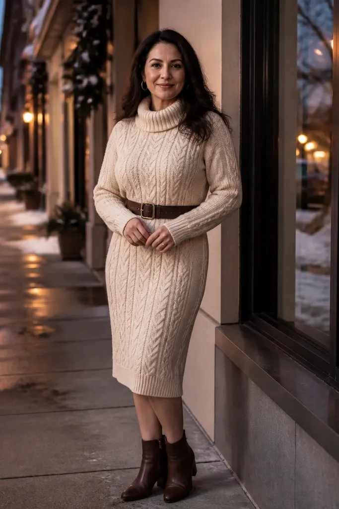 Ivory cable-knit sweater dress with a dark belt and brown ankle boots