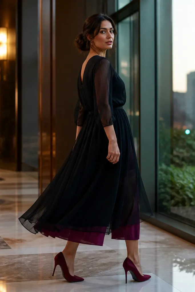 Black chiffon midi dress with a plum underlayer and plum heels