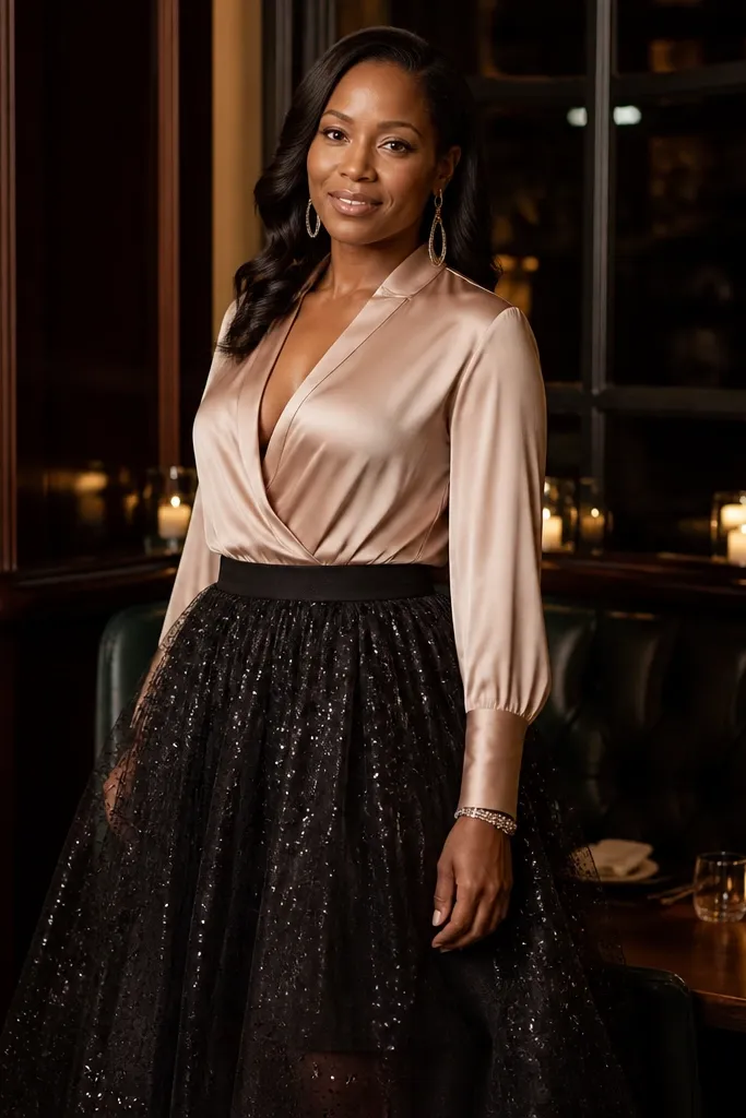 Black tulle midi skirt with a blush satin blouse and black pumps