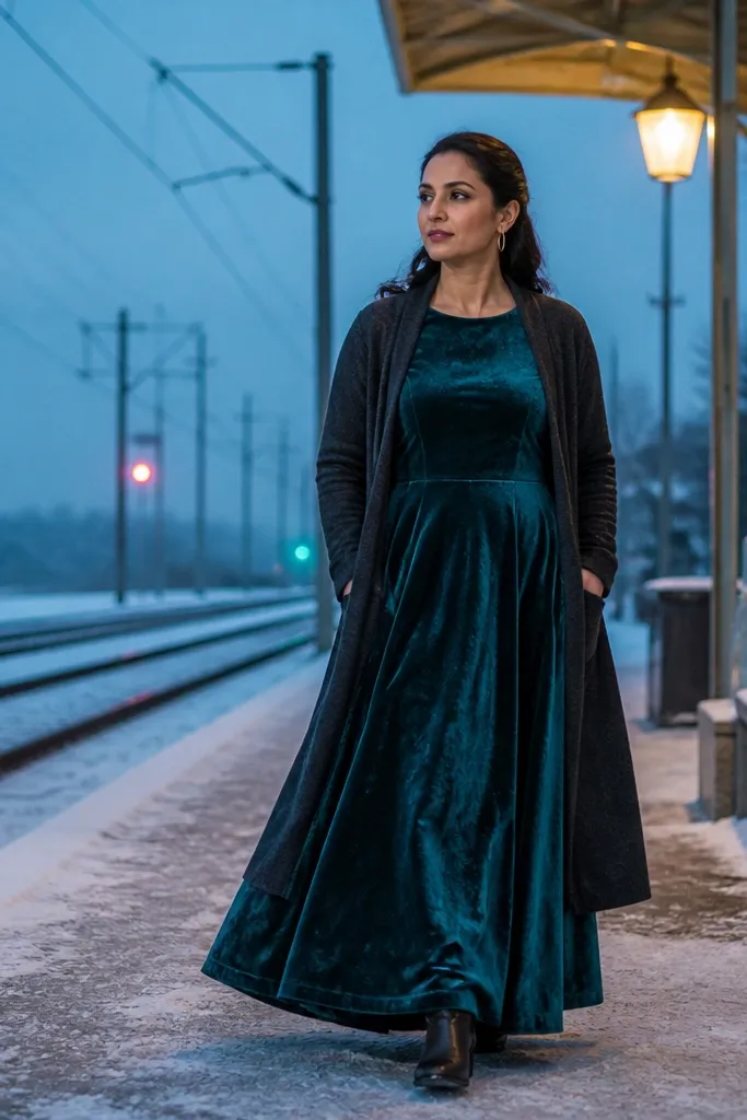 Teal velvet maxi dress with a longline wool cardigan and dark boots