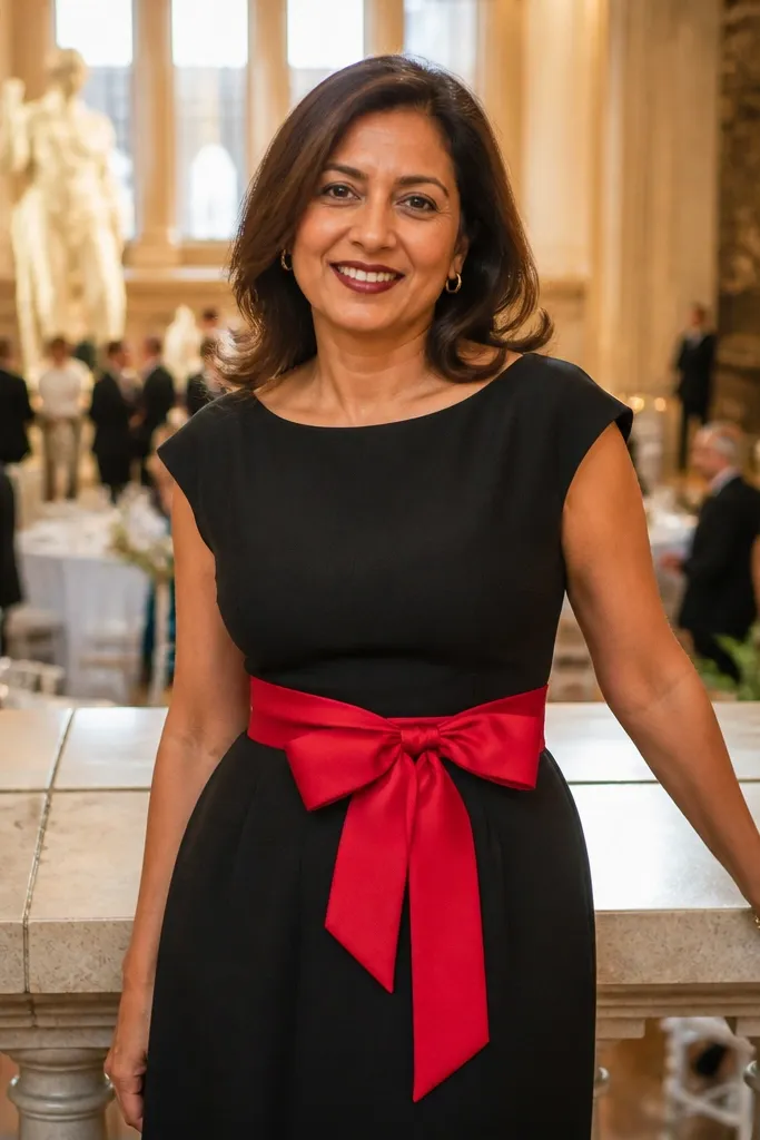 Black crepe midi dress with a red bow belt and black pumps