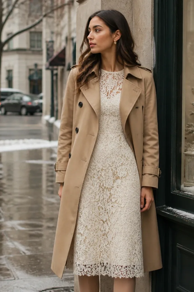 Ivory lace midi dress with a camel trench coat and brown tights