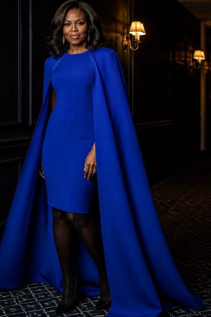 Cobalt blue cape dress with black tights and black ankle boots