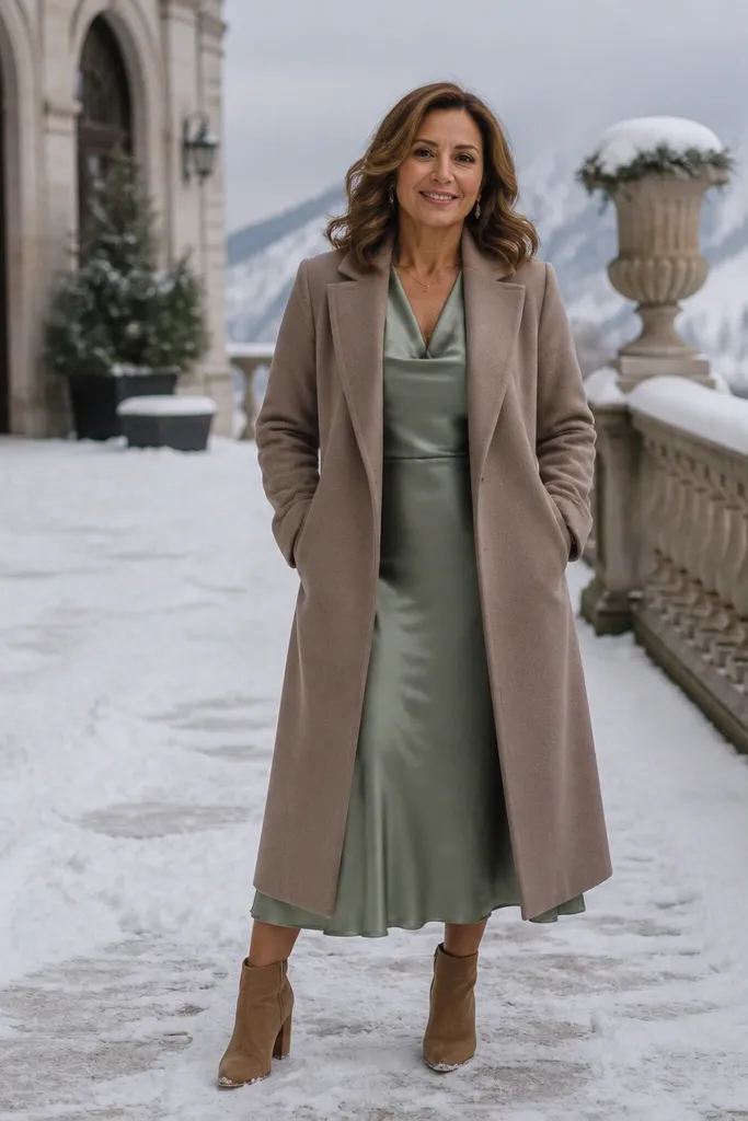 Sage green satin midi dress with a taupe coat and tan ankle boots